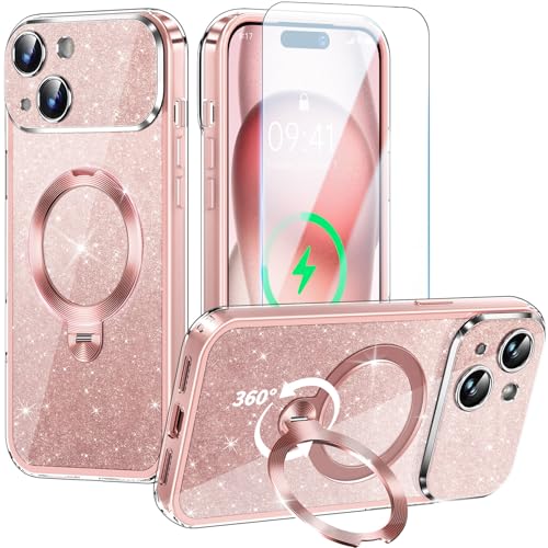 SIYUKBM for iPhone 13 Case with 360° Spin CD Stand & Screen Protector Pink