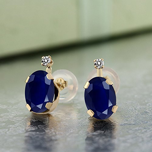 Gem Stone King 14K Yellow Gold Blue Sapphire and White Diamond Earrings For Women (2.05 Cttw, Gemstone September Birthstone, Oval 7X5MM)2
