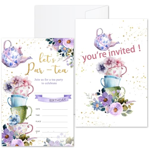 ZSHFMY Par-tea Birthday Invites Cards, Floral Tea Party Birthday Invitations For Kids Girls, 20 Garden Tea Cup Birthday Party Invitation Cards With Envelopes, Tea Party Birthday Party Supplies - Ty10