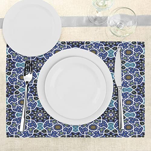 ABAKUHAUS Moroccan Place Mats Set of 4, Persian Gypsy Design, Washable Fabric Placemats for Dining Room Kitchen Table Decor, Royal Blue