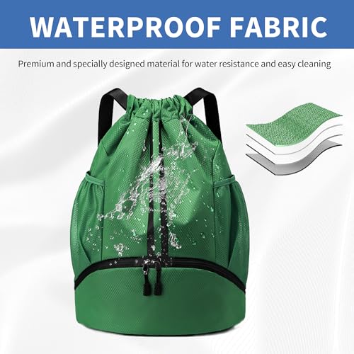 Image of JELUTAR Drawstring Backpack Gym Bag with Shoes Pocket, Dark Green | Water-Resistant String Backpack for Soccer, Basketball, Swim, Beach Cinch for Women Men, 22 L Large Capacity, Wet Pocket