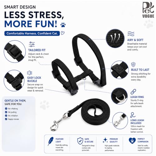 Image of PetVogue Basic Full Body Cat Harness with Leash Set for Walking for Cats Adjustable Soft Sturdy Escape Proof Kitten Vest Harness and Leash with Reflective Strip for Large Medium Small Cat (Black)