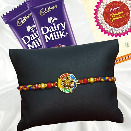 Image of Canton Rakhii Gift for Brother with Chocolate - Designer Rakhi for Brother with Cadbury Gift Hamper Pack, Roli Kumkum & Greeting Card (Design-8, 1 Rakhi + Cadbury)