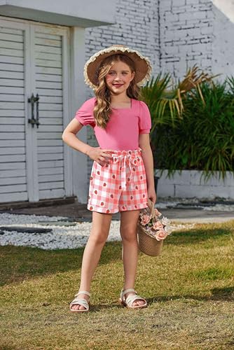 Image of Arshiner Toddler Girls 3 Piece Outfit Set Puff Sleeve Square Neck Top with Shorts and Matching Headband Summer Clothes 2T-8Y