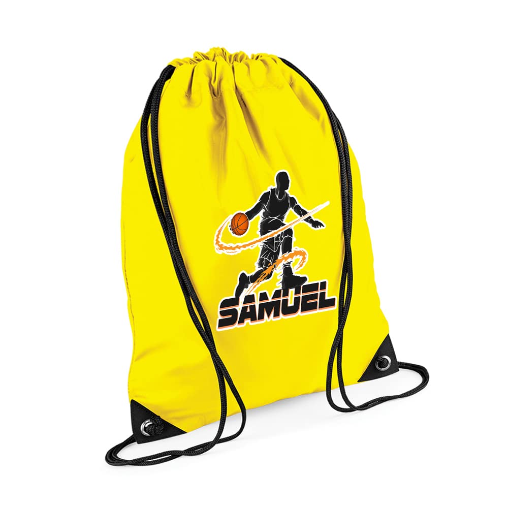 Personalised Basketball Player ANY NAME Sports Lover Gift for Men, Boy, Friend, Birthday present Drawstring Bag, PE Gym Kit Swimming, Sport Rucksack. (Yellow) — image 1
