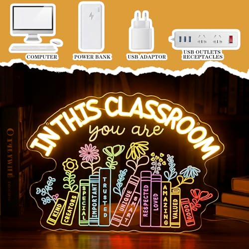 Image of Retisee 15.8 x 11 Inches in This Classroom Neon Sign Wall Decor Back to School LED Neon Sign Classroom Decor for Back to School Motivational Teacher Appreciation Gift