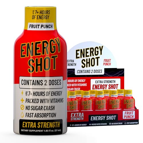 Image of Fruit Punch Extra Strength Energy Shot 10 PK - 260mg Natural Caffeine B12 B6 - Energy & Focus Support - 2 Servings Sugar Free Zero Calorie Green Tea B-Vitamins Electrolytes Vegan - 1.93 fl oz