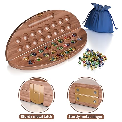 Juego de Mesa Mancala de Madera, Clásico para 2 Jugadores, Juego Plegable con Tablero de Madera Sólida y Fichas de Vidrio Multicolor miniatura 3