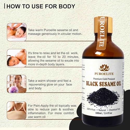 Image of Puroelite Cold Pressed Black Sesame Seed Oil | 100 ml Each (Pack of 2, 200 ml Total) | 100% Pure & Natural | For Face, Hair & Body Care | Glass Bottle with Dropper