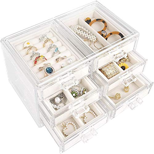 Mebbay Acrylic Jewelry Box with 6 Drawers?White Jewelry Organizer for Earrings, Necklaces, Rings & Bracelets with Clear Case for Women