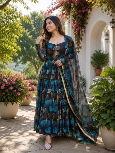 Image of Anveri Women's Floral Printed Anarkali Gown with Dupatta | Ethnic Long Dress for Women | Designer Festive Maxi Kurta Set