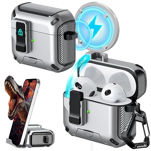 Image of RFUNGUANGO AirPods 3 Case with Lock Magnetic Lid Phone Stand, Silvery