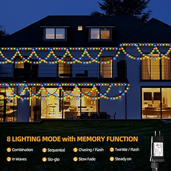 XTF2015 Halloween Christmas Lights Outdoor Color Changing 40FT 380 LED Christmas String Lights Extendable 8 Modes, Waterproof Half Round Christma s Light for House Roof Eaves Garden Patio(Multicolor)