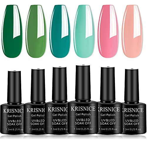 KRISNICE Holiday Gel Nail Polish Set 6 Colors Pink Peach Red Summer Gel Polish Kit Nail Gel Polish Soak Off LED Gel Nail Manicure Kit DIY at Home Gifts for Women (KCS6-021)