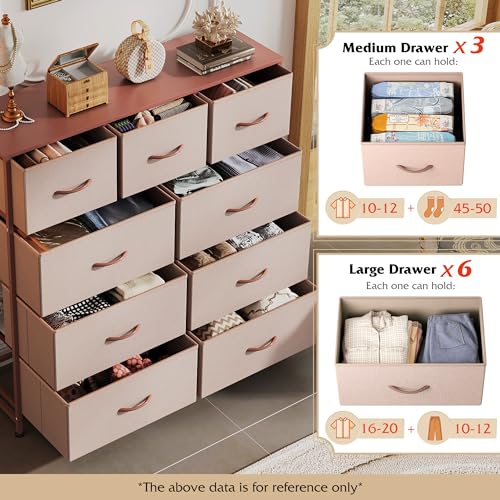 Image of WLIVE 9-Drawer Dresser, Fabric Storage Tower for Bedroom, Hallway, Entryway, Closet, Tall Chest Organizer Unit with Fabric Bins, Steel Frame, Wood Top, Easy Pull Handle, Pink