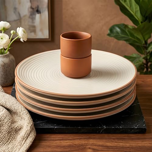 Image of miah decor Dinner Plates Ceramic Set of 4 (10 inch) & Mini Dip Bowl Set of 2 (2.5 inch) | Handcrafted Stoneware Ribbed Off White Matte Finish Plate for Dining & Gifting | Microwave & Dishwasher Safe