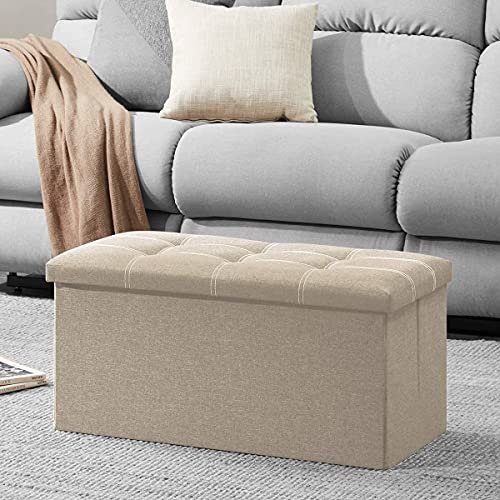 Image of Folding Storage Ottoman, Long Shoes Sofa Bench, Fabric Linen Footrest Stool for Laundry, Storage Space, End of Bed Seat, Toys Storage Organizer Bin Box with Lidded Cover (Beige, 76X38X38)