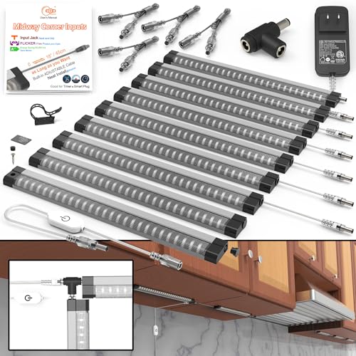 Image of EBD LED Under Cabinet Lights Hardwired Built-in Adjustable Cable Midway Input Under Counter Lights for Kitchen Sink Light 9 Pcs 4050 Lm 6500K Super-Bright for Closet Shelves Shelf Locker & Bookcase