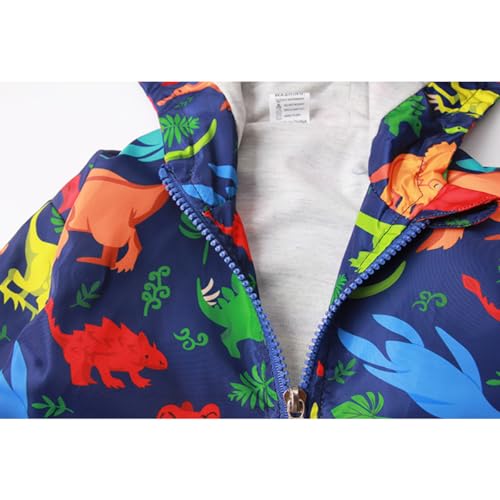 KISBINI Toddler Boy's Cartoon Dinosaur Zip Jacket Lightweight Hooded Windbreakers Outdoor Raincoat3