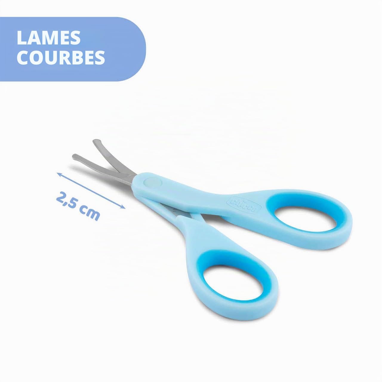Chicco Ciseaux à ongles pour bébés et enfants, en acier inoxydable avec lames incurvées et bouts arrondis, capuchon de protection, poignée en caoutchouc antidérapante, Pour bébés 0+ mois, Bleu