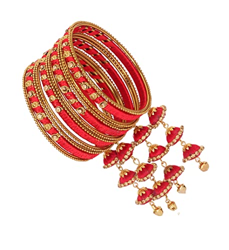 Image of NMII Metal & Silk Thread Jhumka Zircon Latkan Stylish Bangles Set For Women's and Girls | Women's Fancy Latkan Bangles Set | Ethnic Fashion Jewellery- Set of 12 Bangle, (G405 Red-2.4)