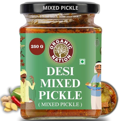 Image of ORGANIC NATION Deliciously Tangy Mixed Pickle | Pickles with Fresh Ingredients | Authentic Mixed Vegetable Pickle | Traditional Indian Achaar| No Preservatives | 250g Jar | Vibrant Green