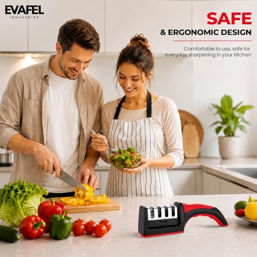 Image of Knife Sharpener, 4-in-1 Professional Kitchen Knife Sharpener Tool, Manual 4-Stage Sharpening System for Straight & Serrated Blades, Stainless Steel Base, Non-Slip Ergonomic Handle