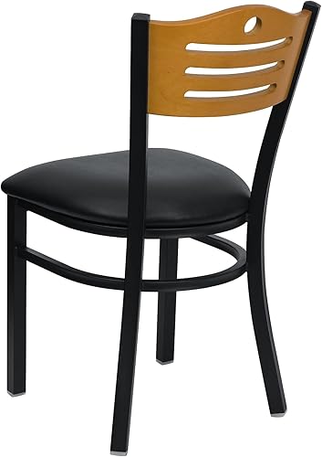 Miniatura 5 de Flash Furniture HERCULES Series - Silla de restaurante de metal con respaldo de listones negros, respaldo de madera natural, asiento de vinilo negro