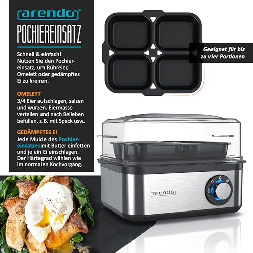 Arendo - Eierkocher Edelstahl für 1 bis 8 Eier - Egg Cooker - 500 W – Kontroll Leuchte – Drehregler für drei Härtegrade - spülmaschinengeeignet - Edelstahl gebürstet - Afbeelding 5