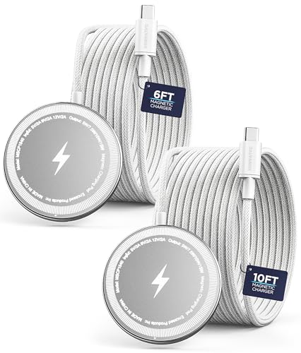 Magnetic Wireless Charger 15W Fast Charging 2-Pack with 10ft & 6ft Braided USB-C Cables Compatible with MagSafe for iPhone - White