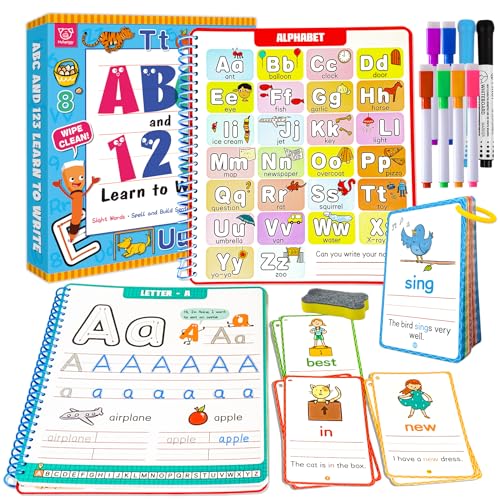 Hulupiggy Preschool Learning Activities - Reusable Letter & Number Tracing Book for Kids 3,4,5,6 Years Old -Builds Handwriting & Sight Words, PreK Kindergarten Workbook, Learning Toy Gift for Toddlers