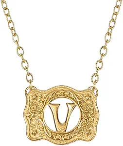 14K Gold Belt Buckle Necklace Western Style Initial Letter Pendant Necklace, Decorative Belt Buckle Frame Design