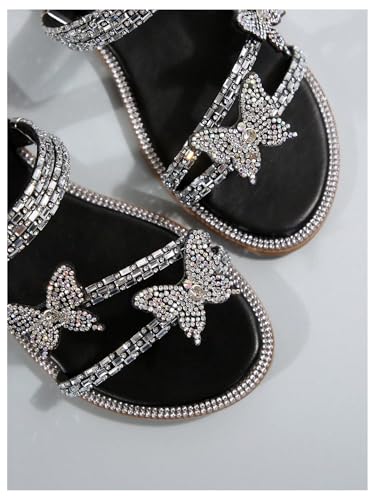 OYOANGLE Women's PU Leather Rhinestone Sandals Butterfly Strappy Flat Open Toe Elegant Slides Sandals3