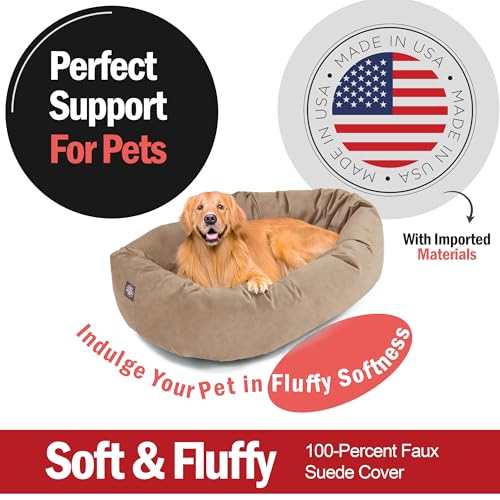 Image of Majestic Pet Suede Shredded Memory Foam Mix Calming Dog Bed Washable - Cozy Soft Round Dog Bed with Spine for Head Support - Fluffy Donut Dog Bed, 40 Inch, Stone