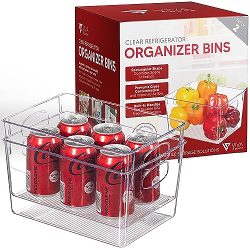Image of Clear Refrigerator Organizer Bins - Plastic Fridge Organizers - Storage Containers for Organizing Pantry, Cupboard, Cabinet, Freezer, Food, Fruit, Kitchen, Bathroom - Refrigerator Storage Bin set of 2