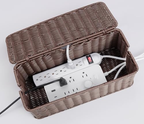 Image of ZhiYo Rattan Cable Management Box, Dark Brown, 13.5 inch x 6.2 inch x 6 inch | Handwoven cord organizer conceals power strips and cables for a cleaner home or office setup, cord hider design