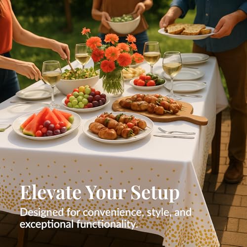 Image of Prestee 12-Pack White and Gold Tablecloth - 54x108 Inch - Disposable Table Covers for Party, Weddings, and Holidays - Waterproof Christmas Tablecloth, Stain-Resistant Plastic Table Cover Set