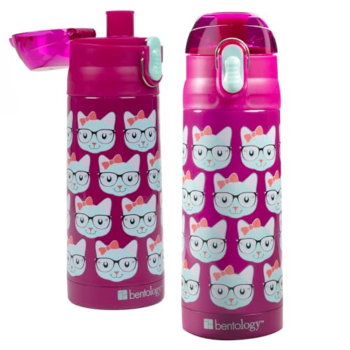 Image of Bentology Stainless Steel 13 Oz Reusable Water Bottle for Kids, Kitty Cat | Double Wall Insulated, Spill Proof Lid W /Built-in Straw- Keep Liquids Hot or Cold- Easily Fits in Lunch Boxes & Bags