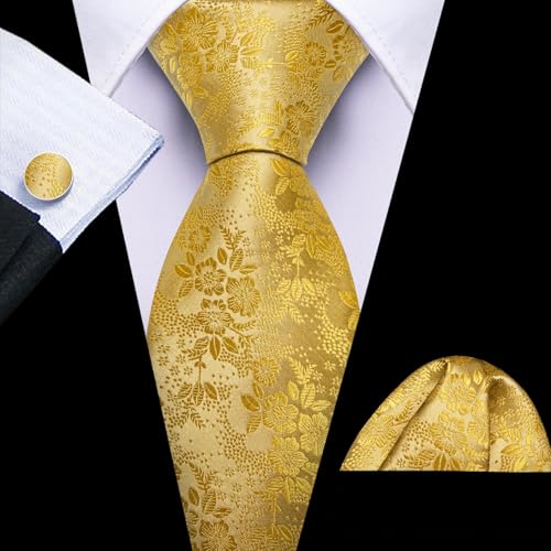 Image of Barry.Wang Flower Ties for Men Silk Woven Floral Tie Sets Necktie Handkerchief Cufflinks Wedding Party