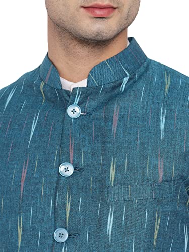Image of Vastraa Fusion Mens Ikat Printed Cotton Nehru Jacket (VS4503-42 Teal Green-Small Arrow 42)