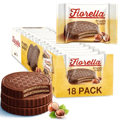 Fiorella Crunch Wafer Cookies - Delicious Chocolate Covered Crispy Thin Wafers with Layers of Hazelnut Cream Filling, Individually Wrapped, Perfect for Snacks, (Pack of 18)