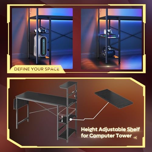 Image of Bestier Gaming Desk with LED Lights, 51.3 Inch Computer Desk with 4 Tiers Reversible Shelves, Home Office Writing Desk with Side Storage Bag, Hooks and Height Adjustable Shelf (Black Grained)