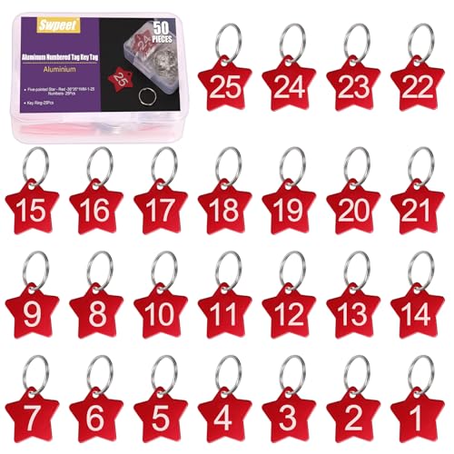 Swpeet 50Pcs 1-25 Numéro Rouge Rond Numéro en Aluminium étiquettes Avec Porte-clés Kit Assortiment, Porte-clés en Métal étiquette Avec Numérotées...