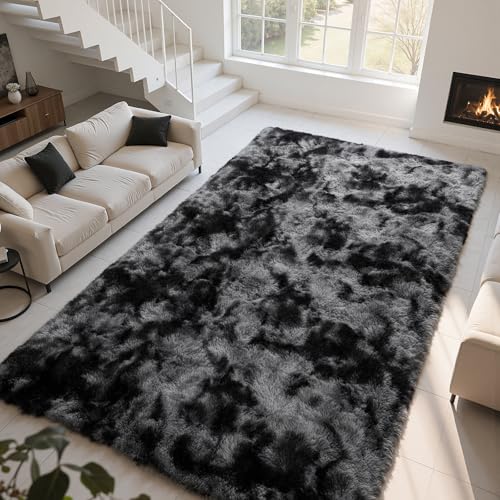 Zentavio Black and Grey Area Rugs for Living Room Large Men Room Carpet 9x12 Bedroom Fluffy Furry Shag Aesthetic Plush High Pile Floor Rug for Kids Room Dorm Home Decor Gray