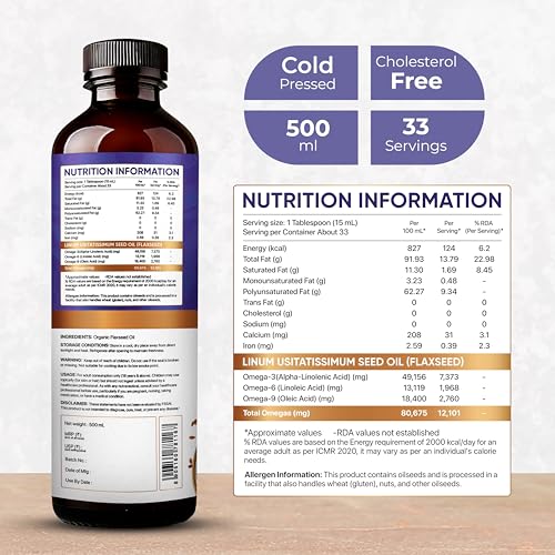 Image of Asmita Organic Farms Cold Pressed Flaxseed Oil, 500ml | Organic, Unrefined Flaxseed Oil for Cooking, Health, Skin, and Hair | Rich in Omega-3 & Antioxidants