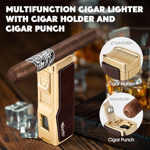 Scotte Cigar Humidor Box, Cigar Lighter Cedar Wood Lined Leather Cigar Case Built in Hygrometer & Humidifier, Torch Lighter with Cigar Holder Cigar Punch Portable Travel Cigar Humidor Kit(No Butane)
