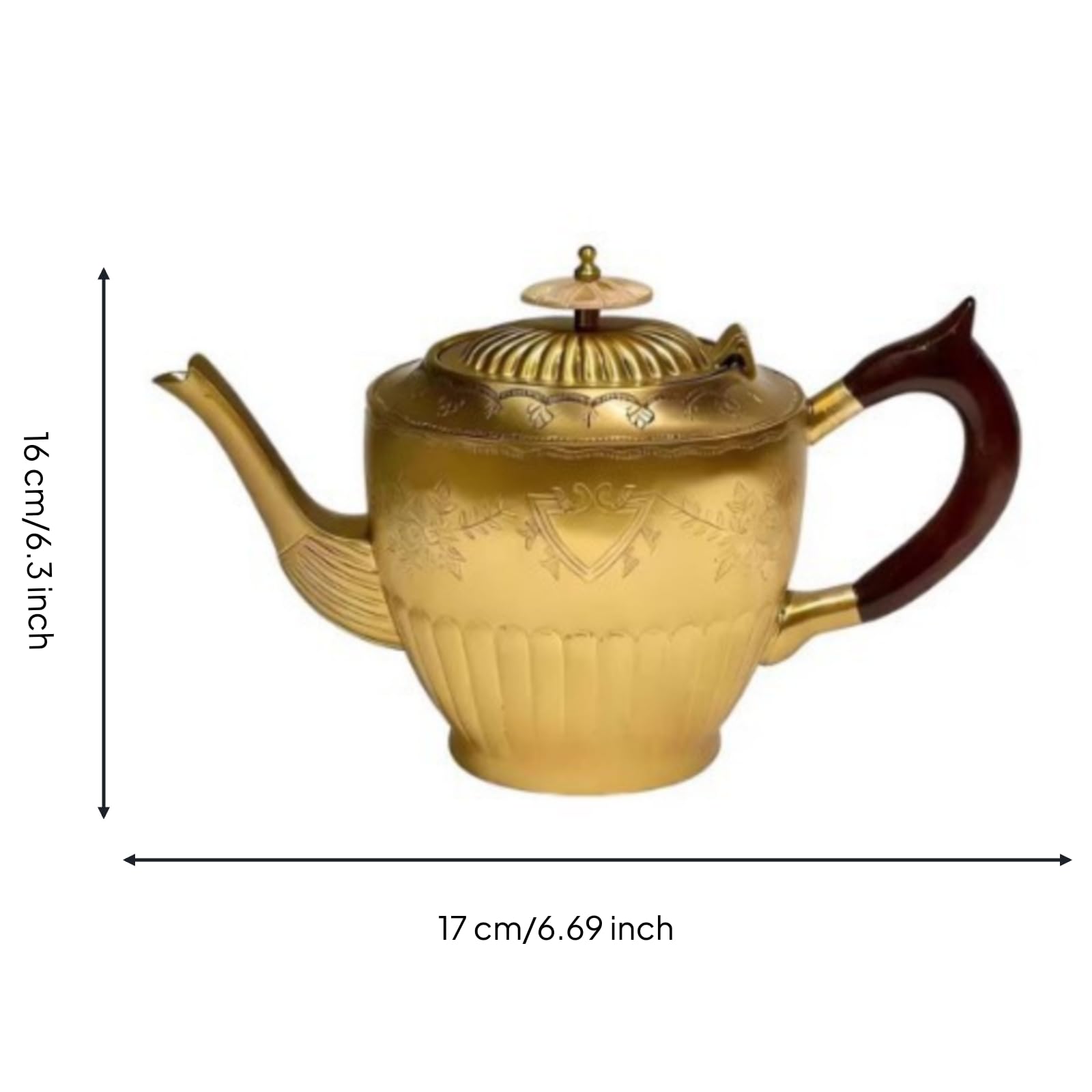Teiera in Ottone Teiera Bollitore Caraffa Brocca con Lavorazione Artigianale Corpo Rigato a Profilo Tondo Coperchio Impreziosito Legno Scuro Metallo