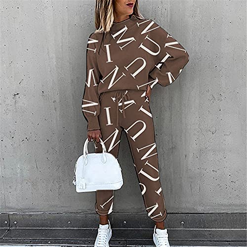 Trendy Pajama Set For Women Graphic Tie-Dye Printed Half High Neck Long Sleeve Fall Winter Comfy Soft Drawstring Tops And Pants Sleepwear Nightwear Sweatshirt Trousers Suit(B-Coffee,Medium) #TOP1