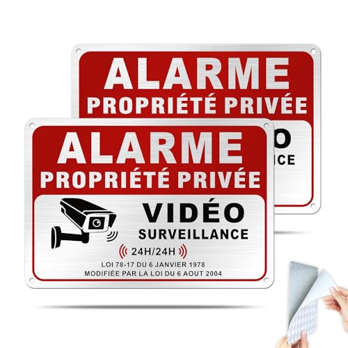 SINMAO Pancarte Alarme Maison Aluminium Brossé Adhésif 22 * 15cm Propriété Privée équipée d'une Alarme,Panneau Maison sous Vidéo Surveillance Alarme x2...