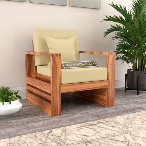 Image of Solid Sheesham Wood Single Seater Sofa - Elegant Wooden Single Sofa Chair for Living Room Home & Office (Design 30)